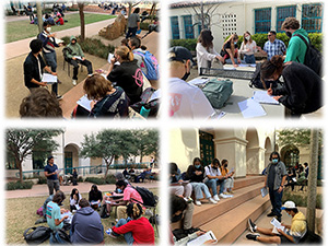 Mechanical Engineering faculty Dr. Katira (top left) and Dr. Youssef (top right), and Bioengineering and Computational Sciences graduate students Gudur Ashrith Reddy (bottom left) and Esteban Vazquez-Hidalgo (bottom right) guiding research article discussions with groups of high school juniors from High Tech High as part of the Journal Club for High School Students hosted by the Mechanical Engineering Department at SDSU. 